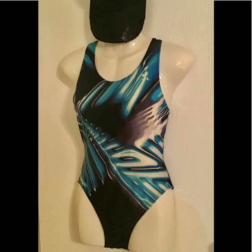TYR One piece swimsuit blue black Size Small Crisscross straps, Flattering 500